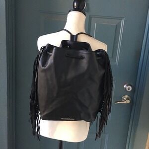 Victoria's Secret Backpack Black Fringe Cinch Bag Purse Drawstring Bookbag NEW